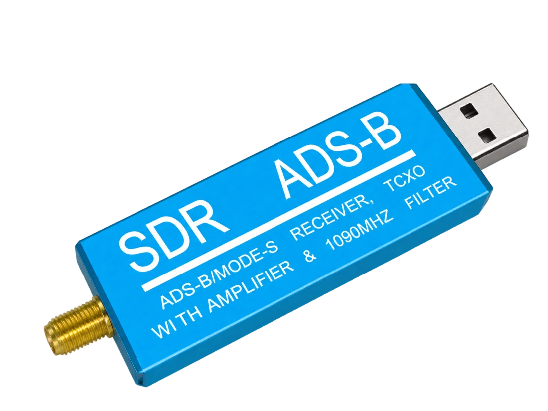 Blauer ADS-B-USB-Stick mit USB- und Antennenanschluss
